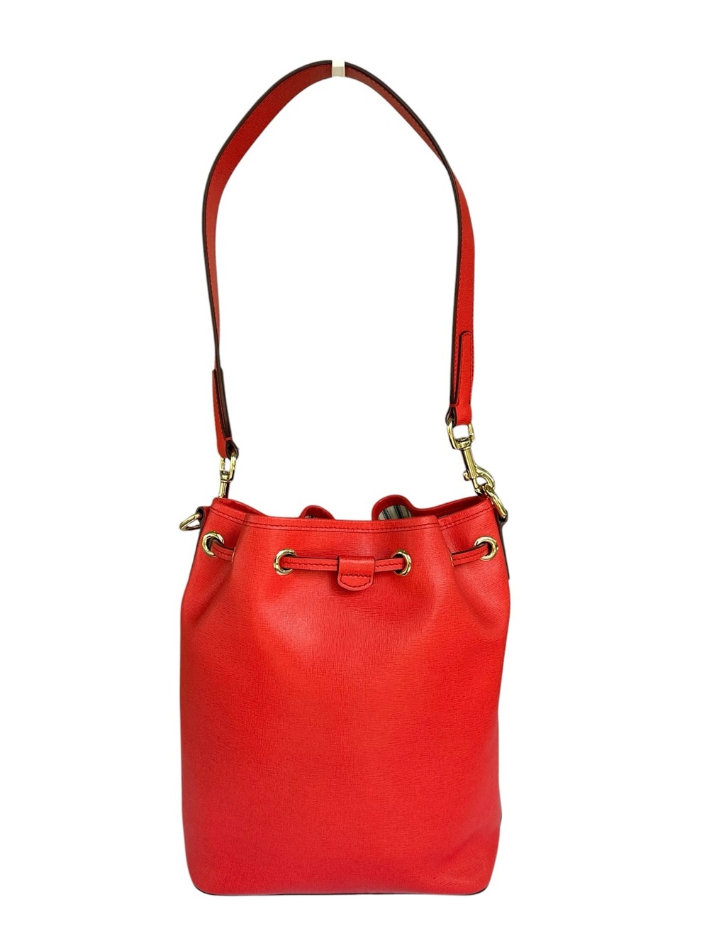 Dooney & Bourke Red/Coral Saffiano Leather Drawstring Bucket Shoulder Bag. - Picture 2 of 12